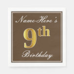 [ Thumbnail: Elegant Brown, Faux Gold 9th Birthday; Custom Name Napkins ]