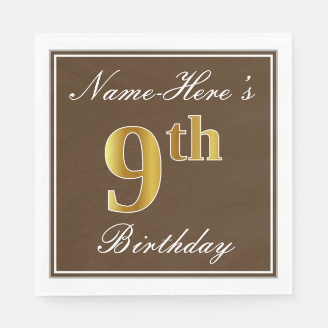 Elegant Brown, Faux Gold 9th Birthday; Custom Name Paper Napkins (Front)