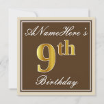 [ Thumbnail: Elegant, Brown, Faux Gold 9th Birthday + Name Invitation ]