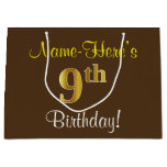 [ Thumbnail: Elegant, Brown, Faux Gold 9th Birthday + Name Gift Bag ]