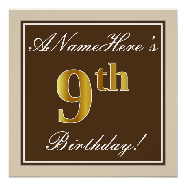 Elegant, Brown, Faux Gold 9th Birthday + Name Poster (Front)