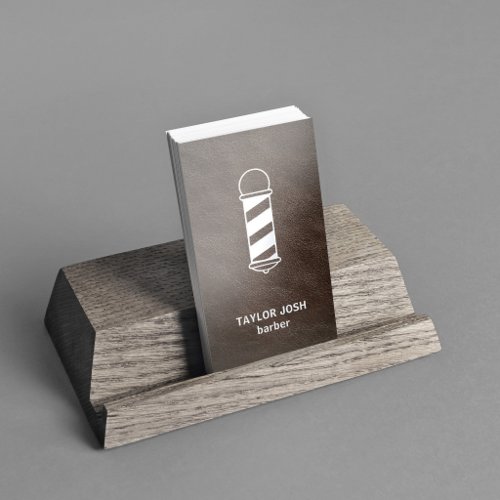 Elegant Brown Faux Leather Silver Barber QR Code Foil Business Cards