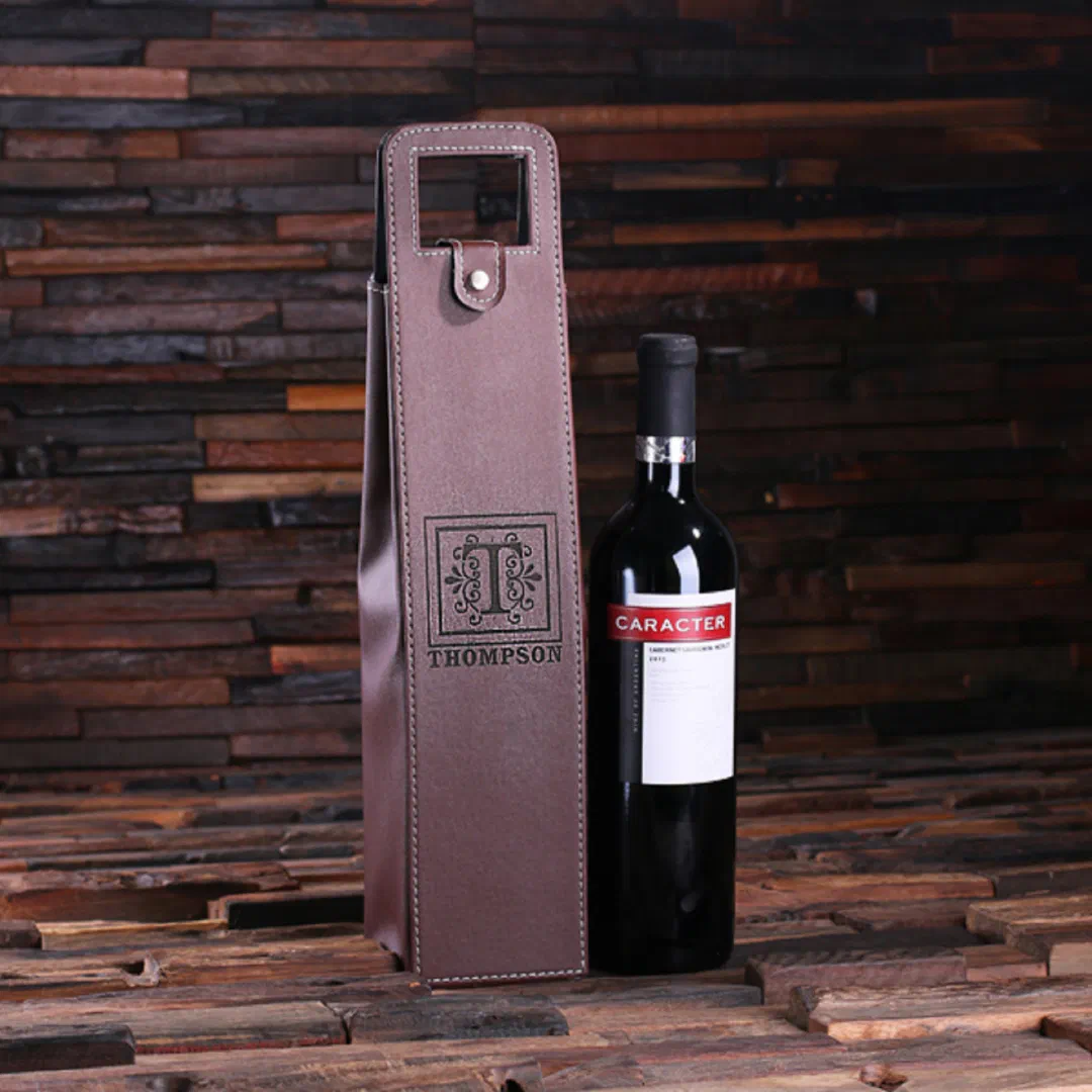 Elegant Brown Faux Leather Wine Bottle Holder (Front)