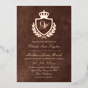Elegant Brown Faux Texture Velvet Gold Wedding Foil Invitation