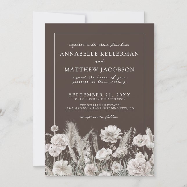 Elegant Brown Floral Boho Wedding Invitation (Front)