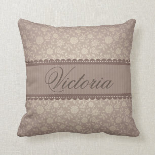 Elegant Brown Floral Pattern Custom Name Throw Pillow