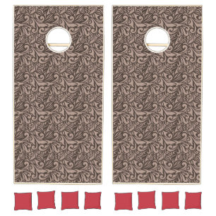 Elegant Brown Floral Pattern on Light Pink Back Cornhole Set