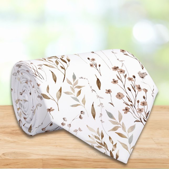 Elegant Brown Flower Floral Botanical Pattern Neck Tie (In situ)