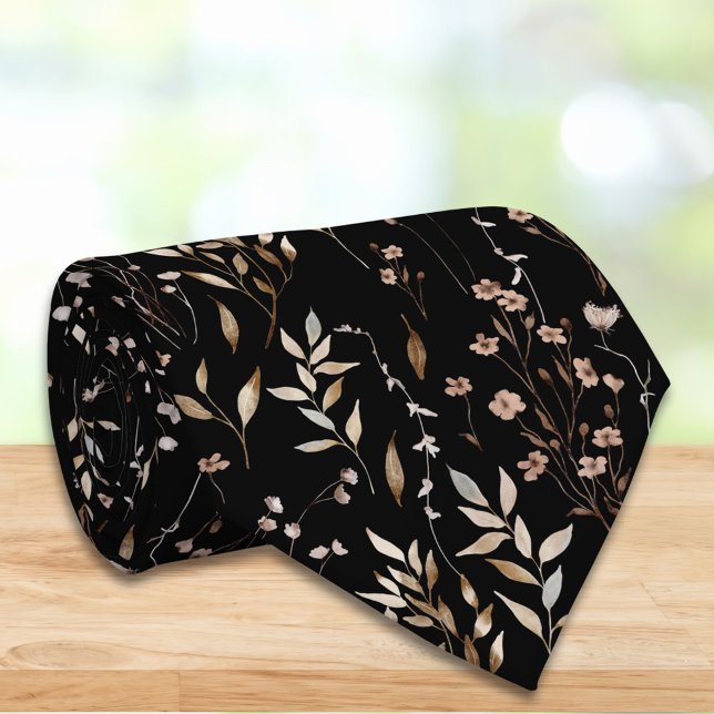 Elegant Brown Flower Floral Botanical Pattern Neck Tie (In situ)
