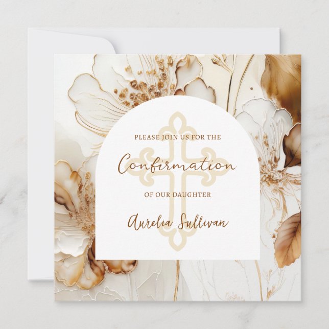 Elegant Brown Flowers Confirmation Invitation (Front)
