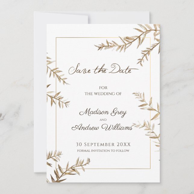 Elegant Brown Foliage Autumn Wedding Save The Date (Front)