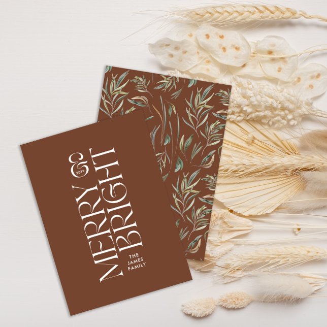 Elegant brown foliage modern minimal typography holiday card (Creator Uploaded)