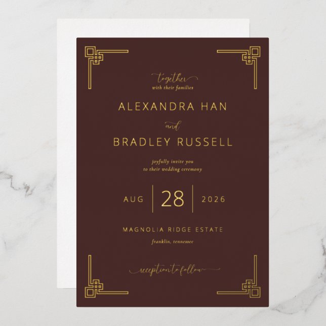 Elegant Brown Geometric Wedding Invitations (Front/Back)