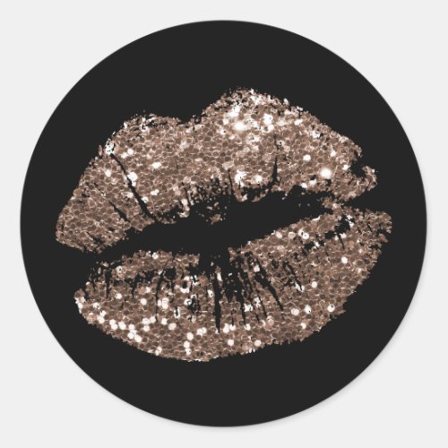 Elegant Brown Glitter Lips Classic Round Sticker