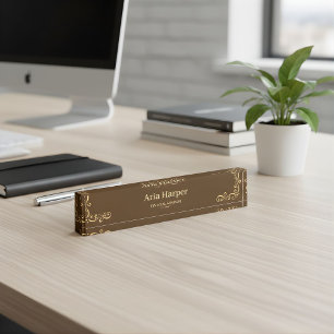 Elegant Brown Gold Audit Firm Financial Advisor De Desk Name Plate