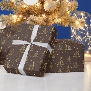 Elegant Brown Gold Christmas Tree Pattern Wrapping Paper