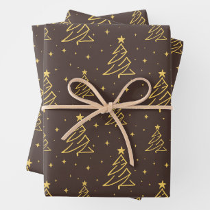 Elegant Brown Gold Christmas Tree Pattern Wrapping Paper Sheets