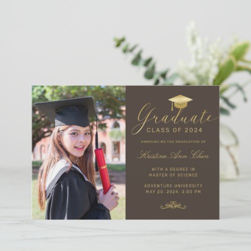 Elegant Brown Gold Formal Script Photo Graduation Announcement