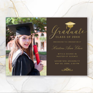 Elegant Brown Gold Formal Script Photo Graduation Announcement