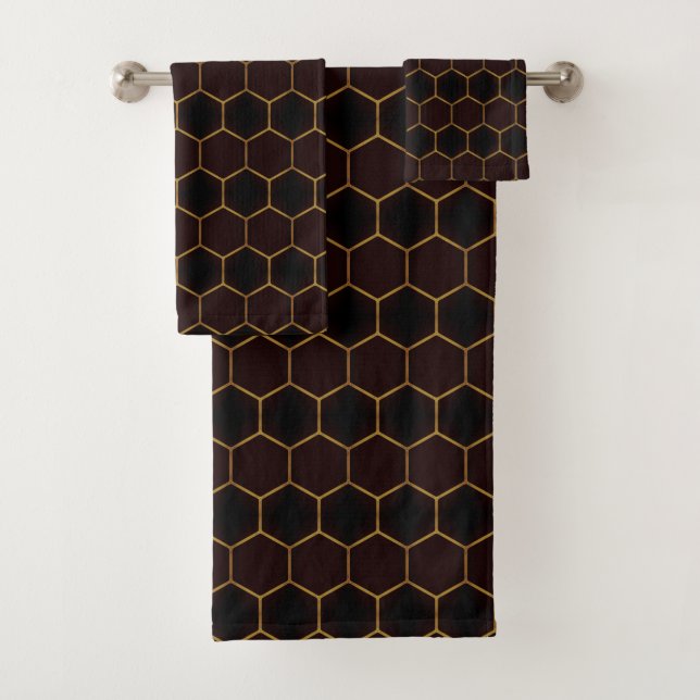 Elegant Brown Gold Honeycomb Hexagon Pattern Manly Bath Towel Set (Insitu)
