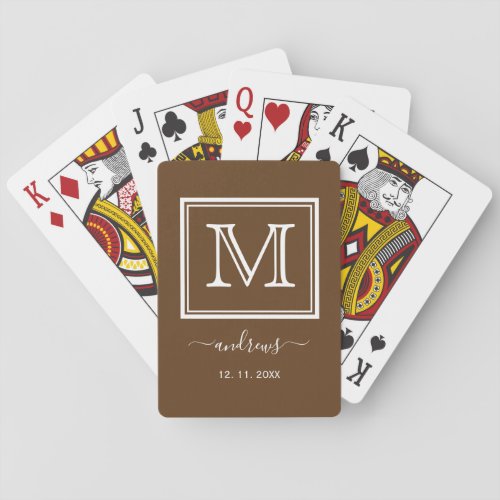 Elegant Brown Gold Monogram Stylish Script Name Poker Cards