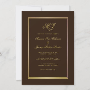 Elegant Brown Gold Script Monogram Wedding Invitation
