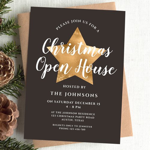Elegant Brown Gold Star Christmas Open House Invitation