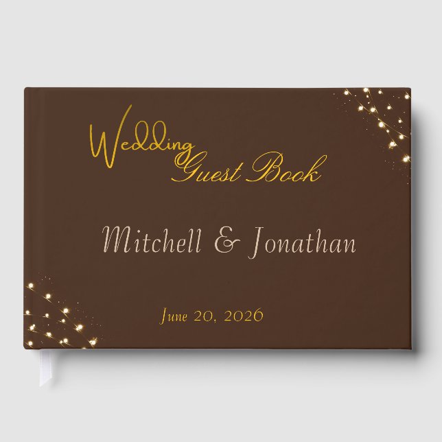 Elegant Brown & Gold String Lights Wedding  Guest Book (Front)