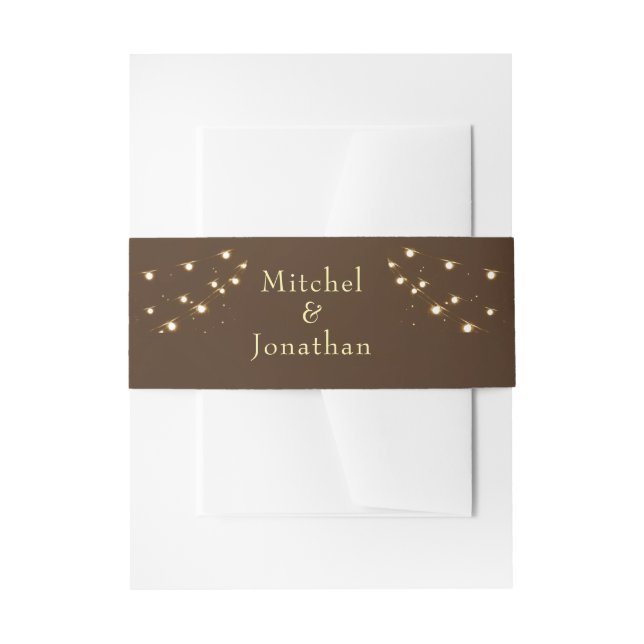 Elegant Brown & Gold String Lights wedding  Invitation Belly Band (Front Example)