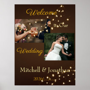 Elegant Brown & Gold String Lights Wedding  Poster