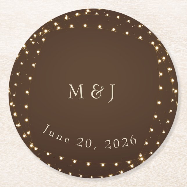 Elegant Brown & Gold String Lights wedding Round Paper Coaster (Front)