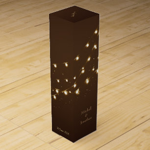 Elegant Brown & Gold String Lights Wedding Wine Box