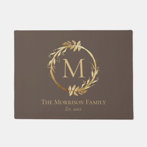 Elegant Brown  Gold Wreath Family Name Monogram Doormat