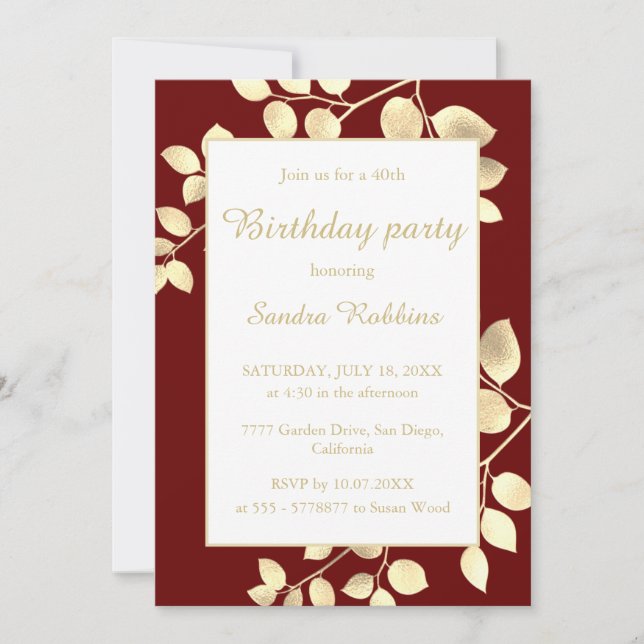 Elegant brown golden leaves birthday invitation (Front)