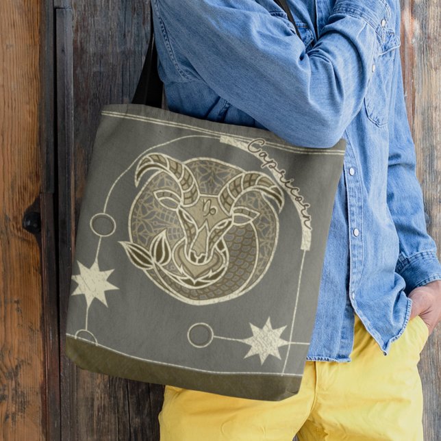 Elegant Brown Gray Capricorn Zodiac Sign Mandala Tote Bag (Creator Uploaded)