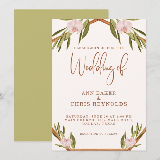 Elegant Brown Green Pink Boho Wedding Invitation (Front/Back)