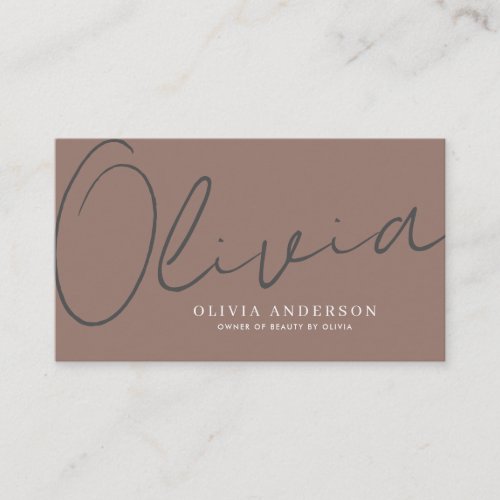 Elegant Brown Grey Handwritten Script Name QR Code Business Card