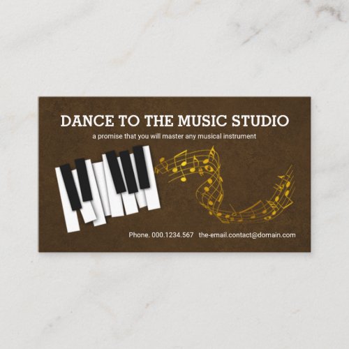 Elegant Brown Grunge Piano Keys Gold Music Notes Business Card