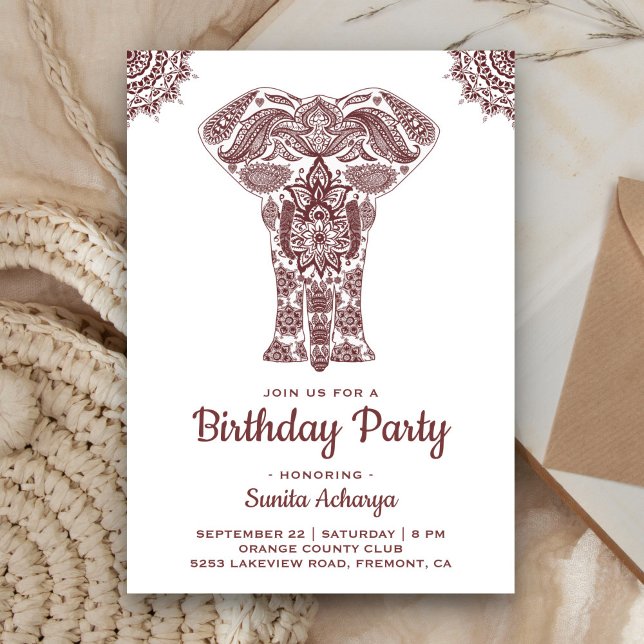 Elegant Brown Henna Elephant Birthday Party Invitation (Creator Uploaded)