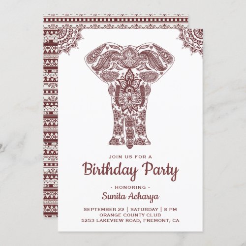 Elegant Brown Henna Elephant Birthday Party Invitation