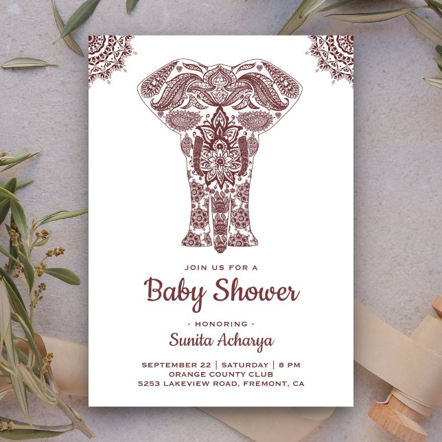 Elegant Brown Henna Indian Elephant Baby Shower Invitation