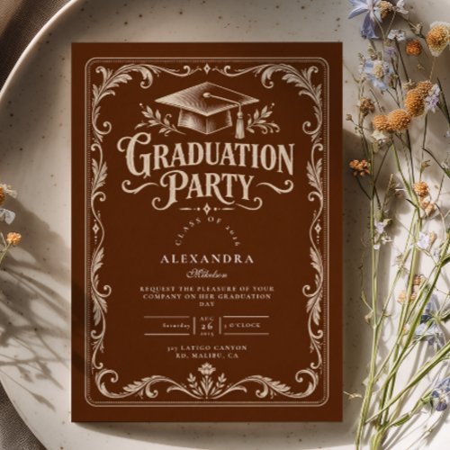 Elegant Brown Ivory Western Graduation Invitation