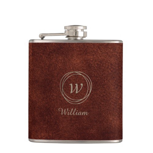 Elegant Brown Leather design Silver Monogram Flask