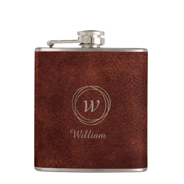 Elegant Brown Leather design Silver Monogram Flask (Front)
