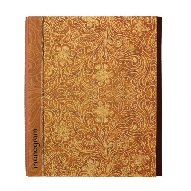 Elegant Brown Leather Look Embossed Flowers iPad Case (Front)