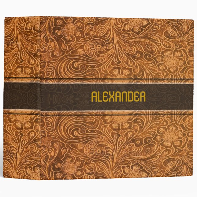 Elegant Brown Leather Look Floral Embossed Pattern Binder (Front/Spine)
