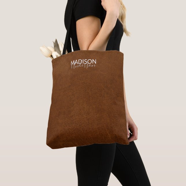 Elegant Brown Leather Texture Look with Your Name Tote Bag (Close Up)
