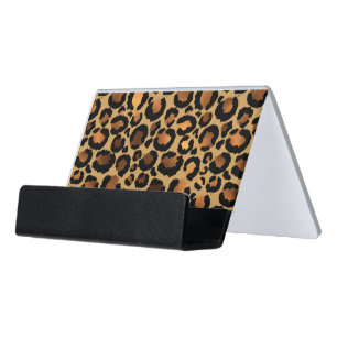 Elegant Brown Leopard Spots Wild Animal Glam Desk Business Card Holder