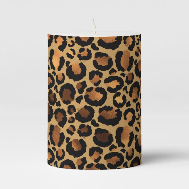 Elegant Brown Leopard Spots Wild Animal Glam Pillar Candle (Front)