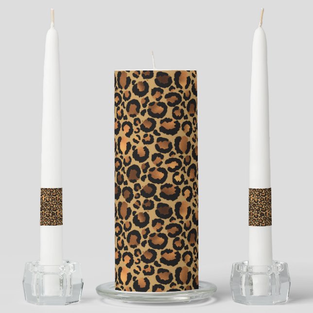 Elegant Brown Leopard Spots Wild Animal Glam Unity Candle Set (Front)